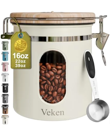 Coffee Canister with Window, Airtight Stainless Steel Container, 16 oz, Cream