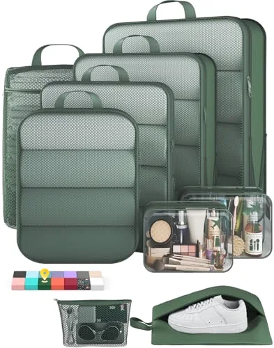 9/11 Set Compression Packing Cubes Garment Bags for Travel Essentials, Dark Green