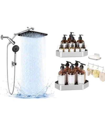 Aluminum Corner Shower Caddy 4-Pack&High Pressure Shower Head with