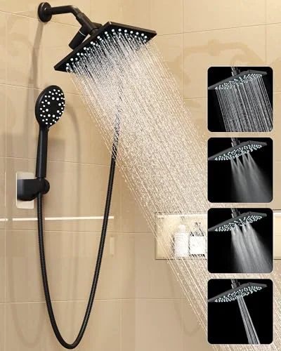 Multi-Function Rain Shower Head with Handheld, High Pressure, Matte Black